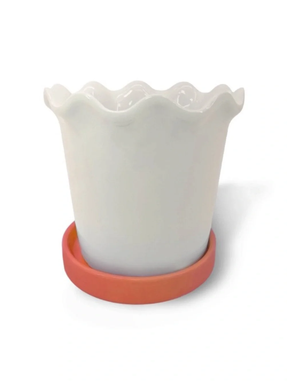 New! White Cream Scalloped Ceramic Planter with Orange Saucer, 2026